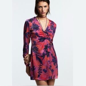 ZARA Pink Purple Floral Long Sleeve Mini Dress Ruched Boho Y2K Festival Summer